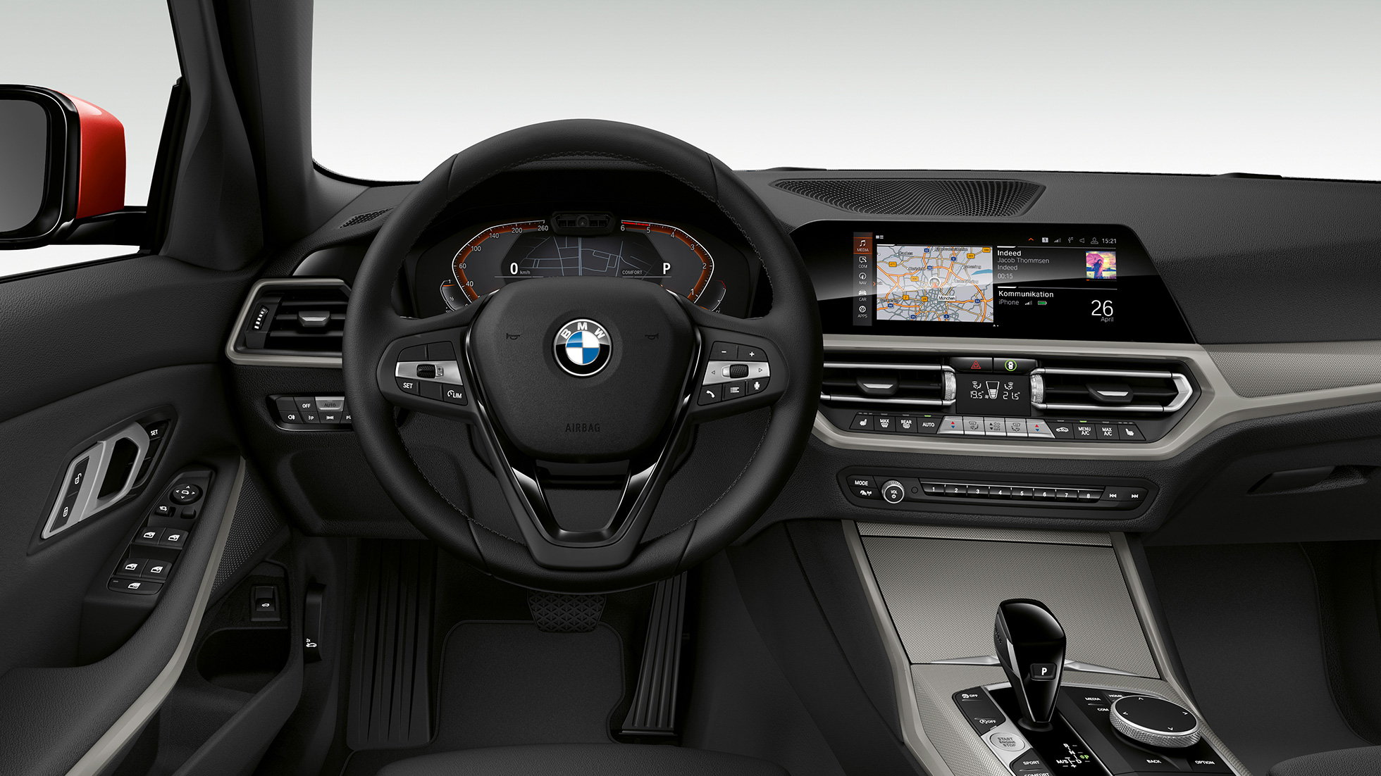 BMW Série 3 Berline, poste de conduite du Modèle Advantage. Gros plan de face du poste de conduite côté conducteur de la BMW Série 3 Berline, dotée de l’équipement du Modèle Advantage.