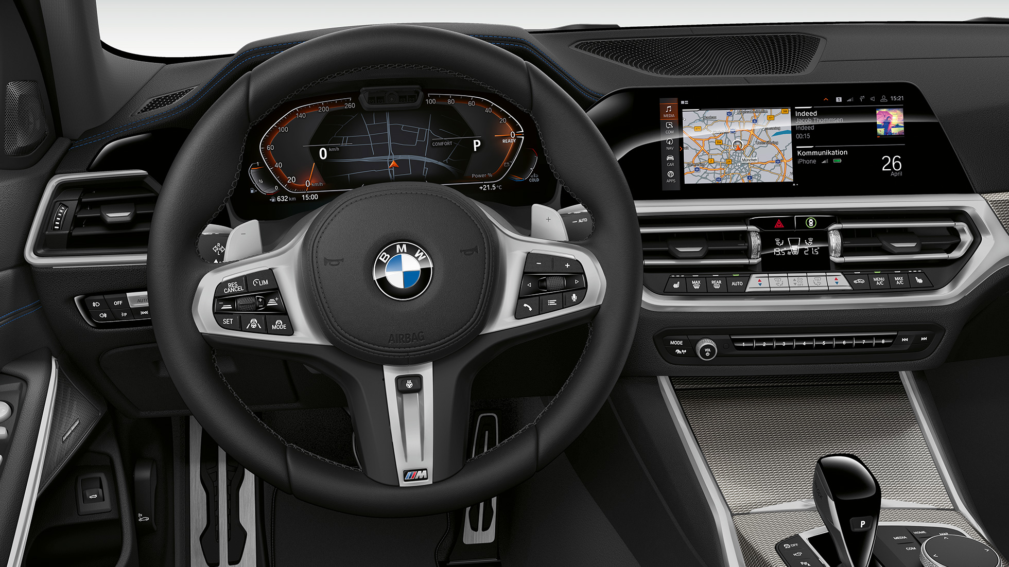 BMW Série 3 Berline, poste de conduite du Modèle Sport. Gros plan de face du poste de conduite côté conducteur de la BMW Série 3 Berline, dotée de l’équipement du Modèle Sport.