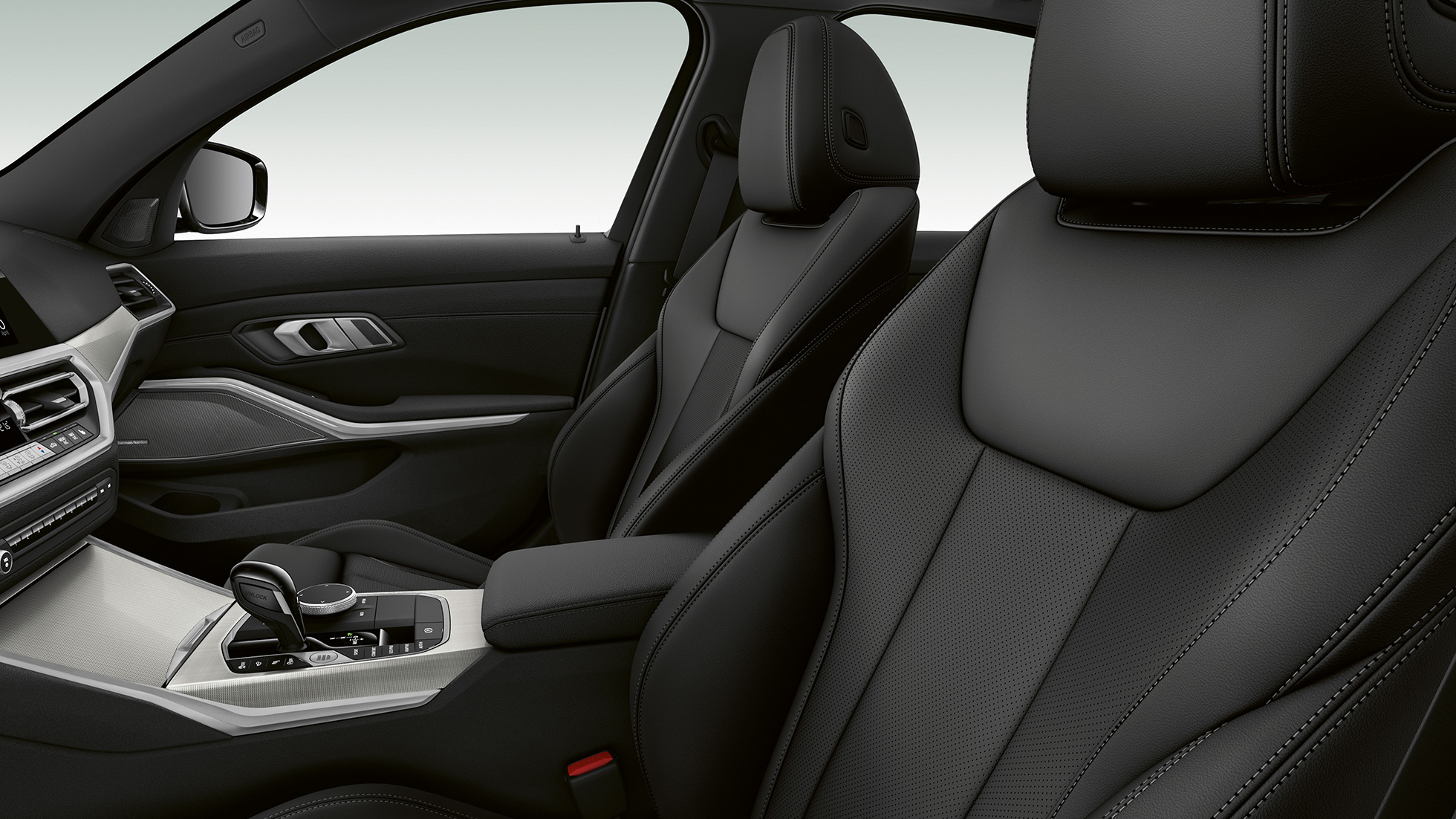 BMW Série 3 Berline, siège avant du Modèle Sport. Gros plan latéral des sièges avant de la BMW Série 3 Berline, dotée de l’équipement du Modèle Sport.