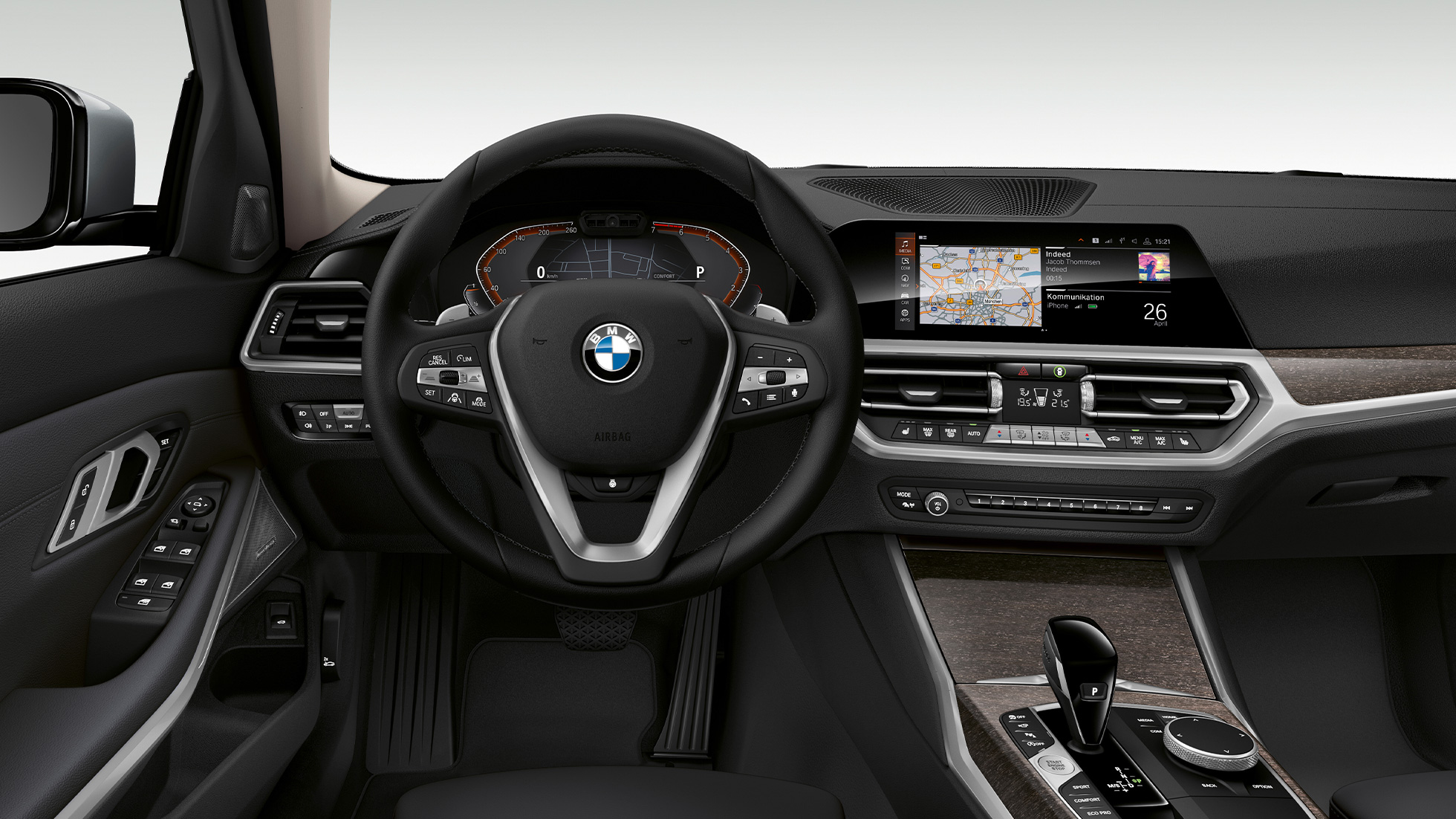 BMW Série 3 Berline, poste de conduite du Modèle Luxury. Gros plan de face du poste de conduite côté conducteur de la BMW Série 3 Berline, dotée de l’équipement du Modèle Luxury.