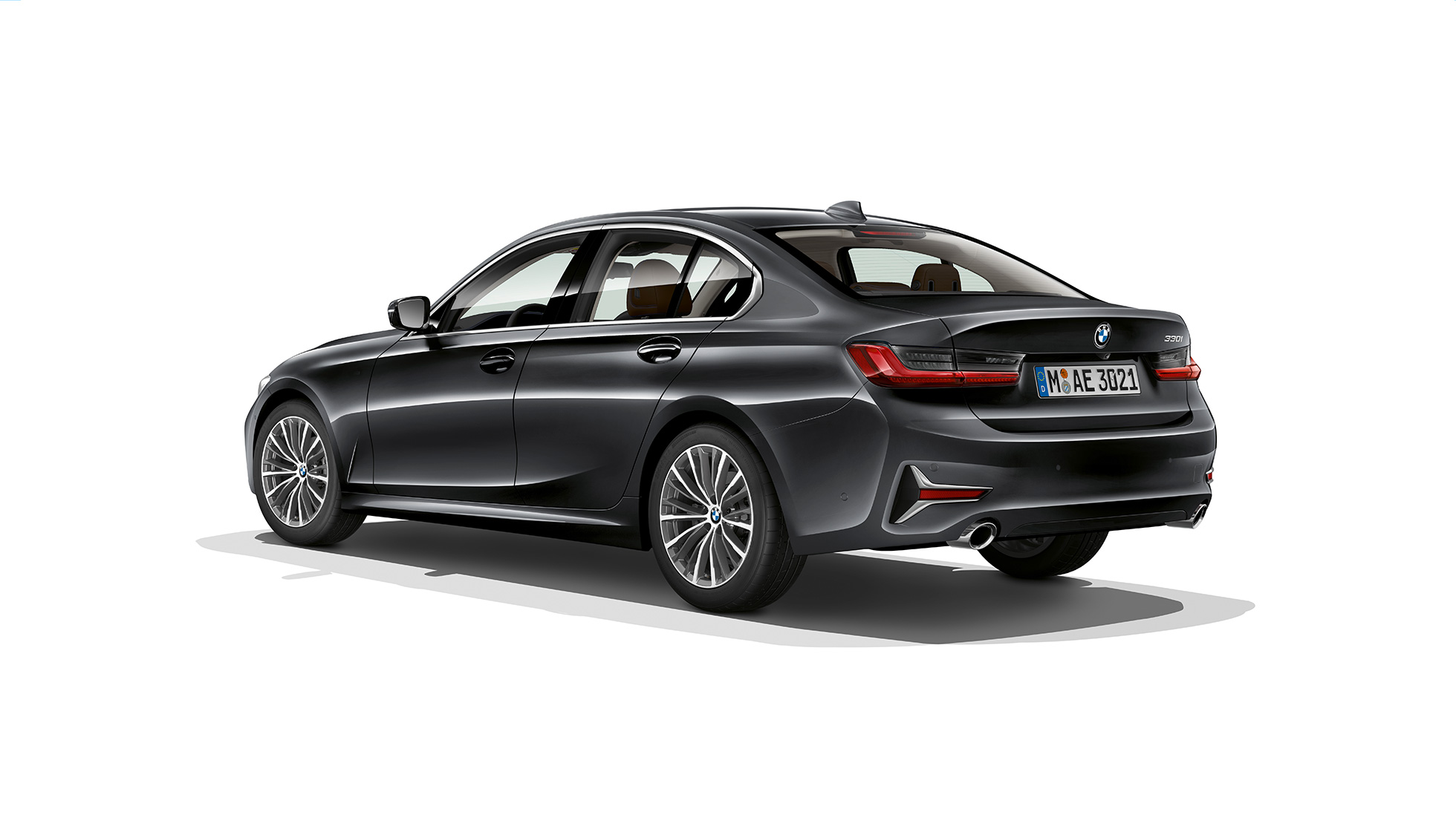 BMW Série 3 Berline, poupe du Modèle Luxury. Vue de trois-quarts arrière de la BMW Série 3 Berline dotée de l’équipement du Modèle Luxury.