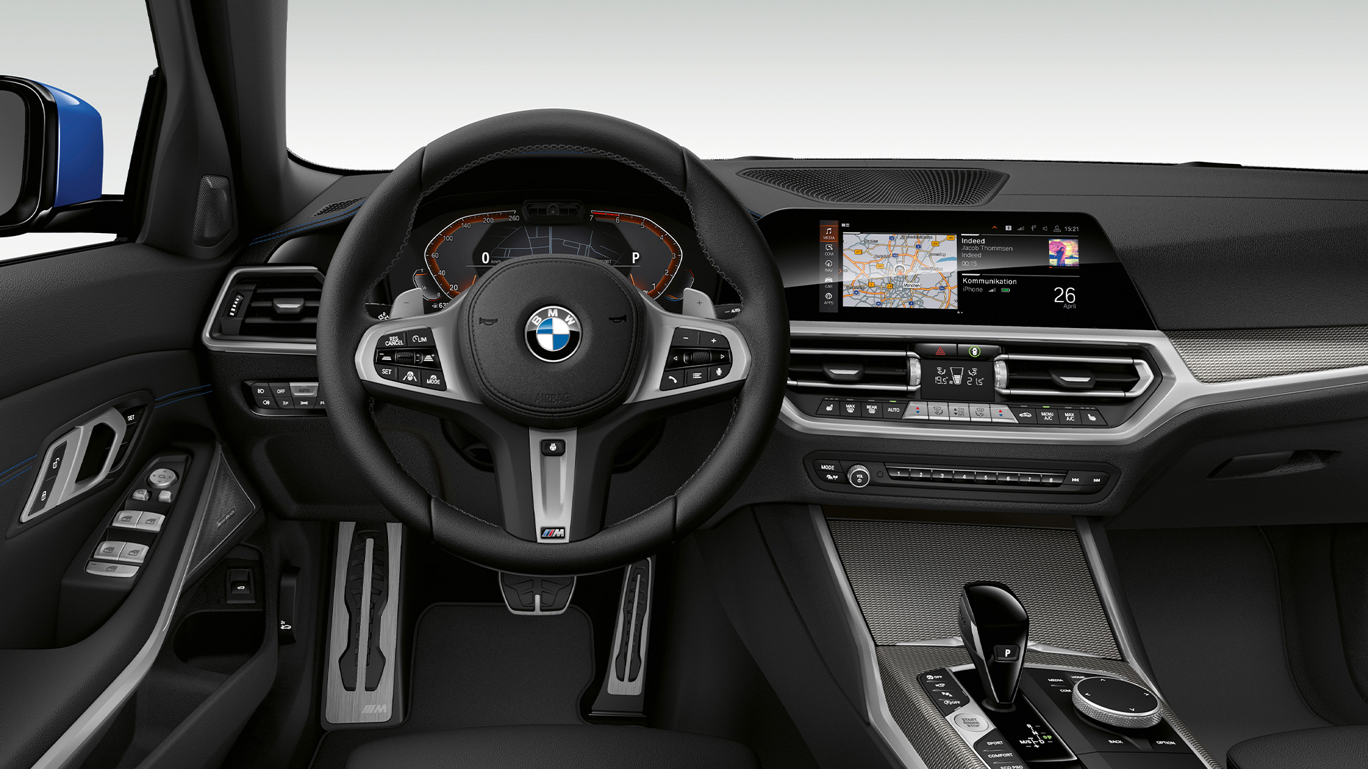 BMW Série 3 Berline, poste de conduite du Modèle M Sport. Gros plan de face du poste de conduite côté conducteur de la BMW Série 3 Berline, dotée de l’équipement du Modèle M Sport.
