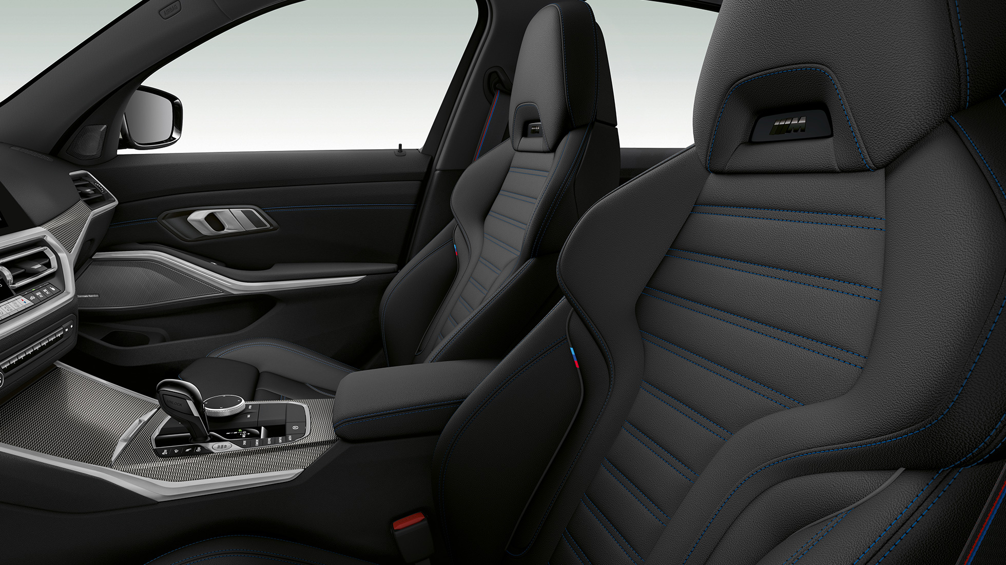 BMW Série 3 Berline, sièges avant du Modèle M Sport Gros plan latéral des sièges avant de la BMW Série 3 Berline, dotée de l’équipement du Modèle M Sport.