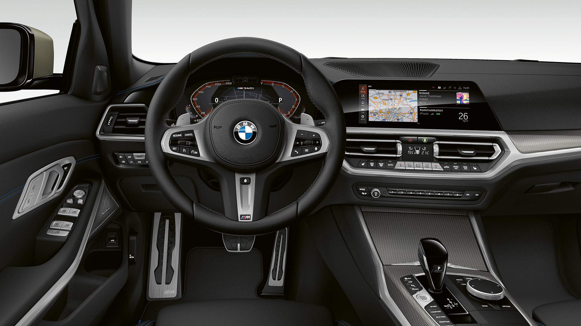 BMW Série 3 Berline, poste de conduite de la M340i xDrive. Prise de vue détaillée avant du poste de conduite du côté du conducteur de la BMW Série 3 M340i xDrive Berline.