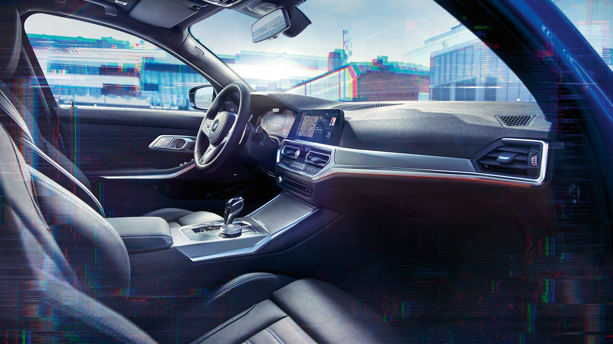 BMW Série 3 Berline, BMW Live Cockpit Navigation Pro. Gros plan de l’habitacle de la BMW Série 3 Berline avec BMW Live Cockpit Navigation Pro.