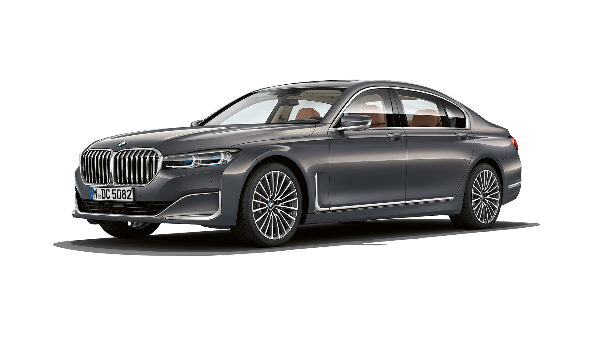 Vue de trois quarts avant d’une BMW Série 7 Berline en design extérieur Pure Excellence Vue de trois quarts avant d’une BMW Série 7 Berline grise en design extérieur Pure Excellence