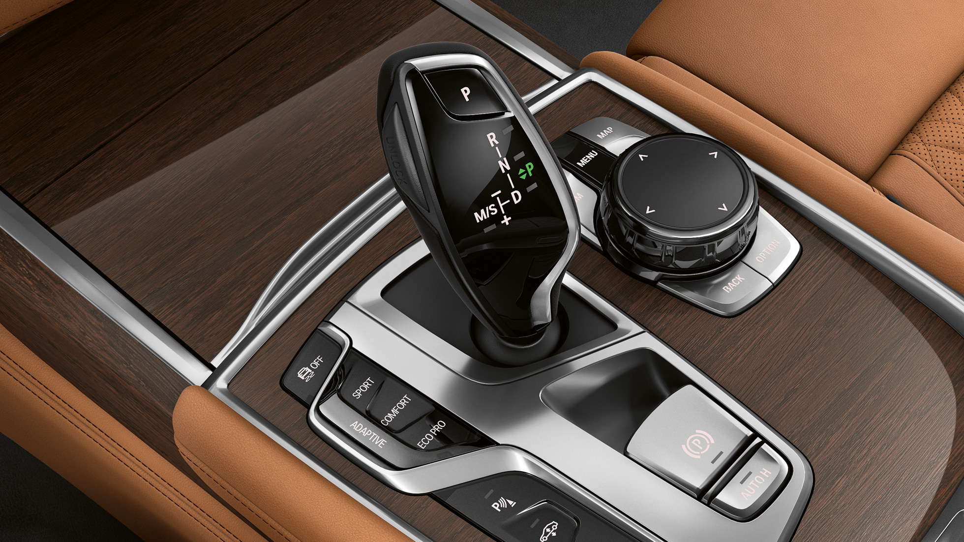BMW Série 7 Berline en design extérieur Pure Excellence, levier de changement de vitesse BMW Série 7 Berline en design extérieur Pure Excellence : vue en gros plan du levier de changement de vitesse