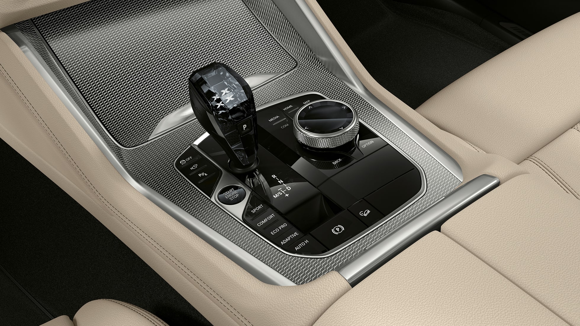 BMW X6 avec Kit M Sport, console centrale. Intérieur de la BMW X6 avec Kit M Sport, vue de la console centrale.