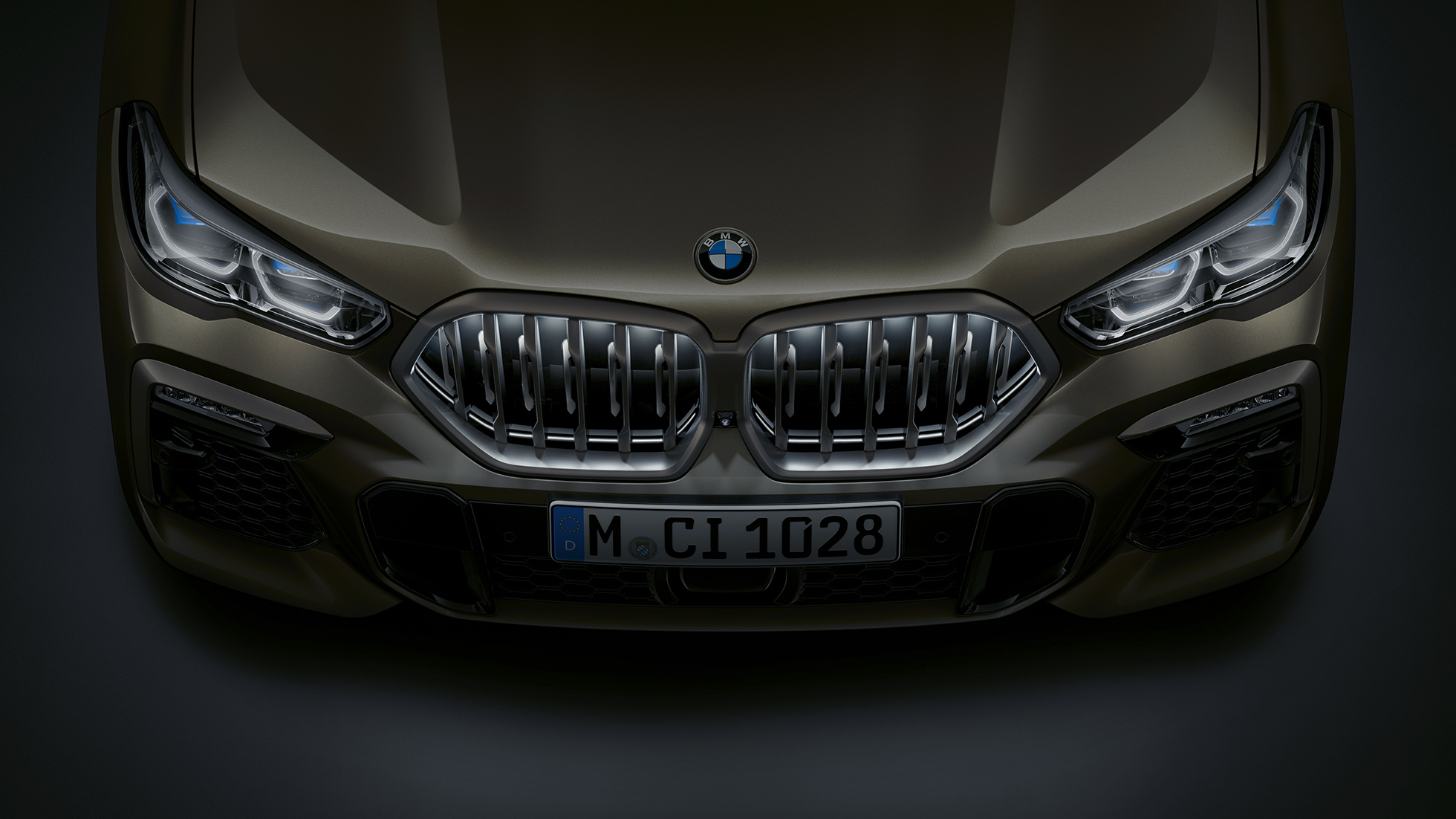 Avant de la BMW X6. Gros plan de l’avant de la BMW X6 avec les naseaux BMW Iconic Glow vus en plan.