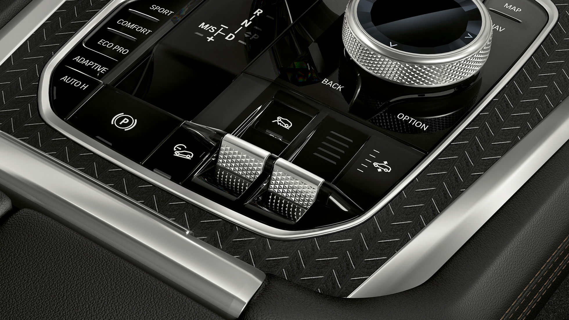 Console centrale de la BMW X6. Vue en gros plan de l’habitacle de la BMW X6 avec vue sur la console centrale.