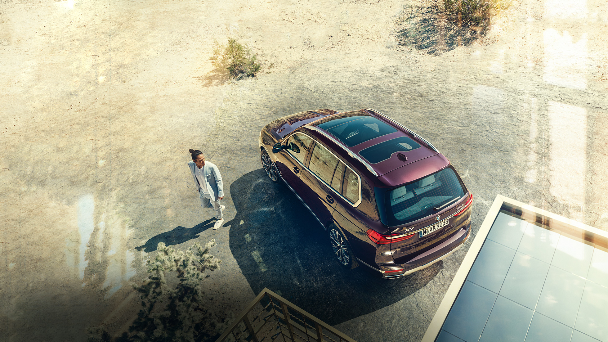 BMW Individual X7 xDrive40i, vue en plongée BMW X7 en Ametrin metallic, à l’arrêt, vue en plongée, G07 2019